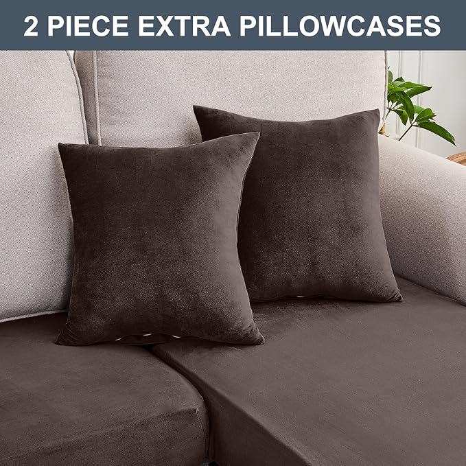 Couch Cover 4-Piece Elastic Velvet Couch Cushion Covers & Chaise Slipcovers for L-Shaped Sofas - Sofa Seat Covers Washable, Soft Protector for Couches (3 Seater + Chaise, Coffee)