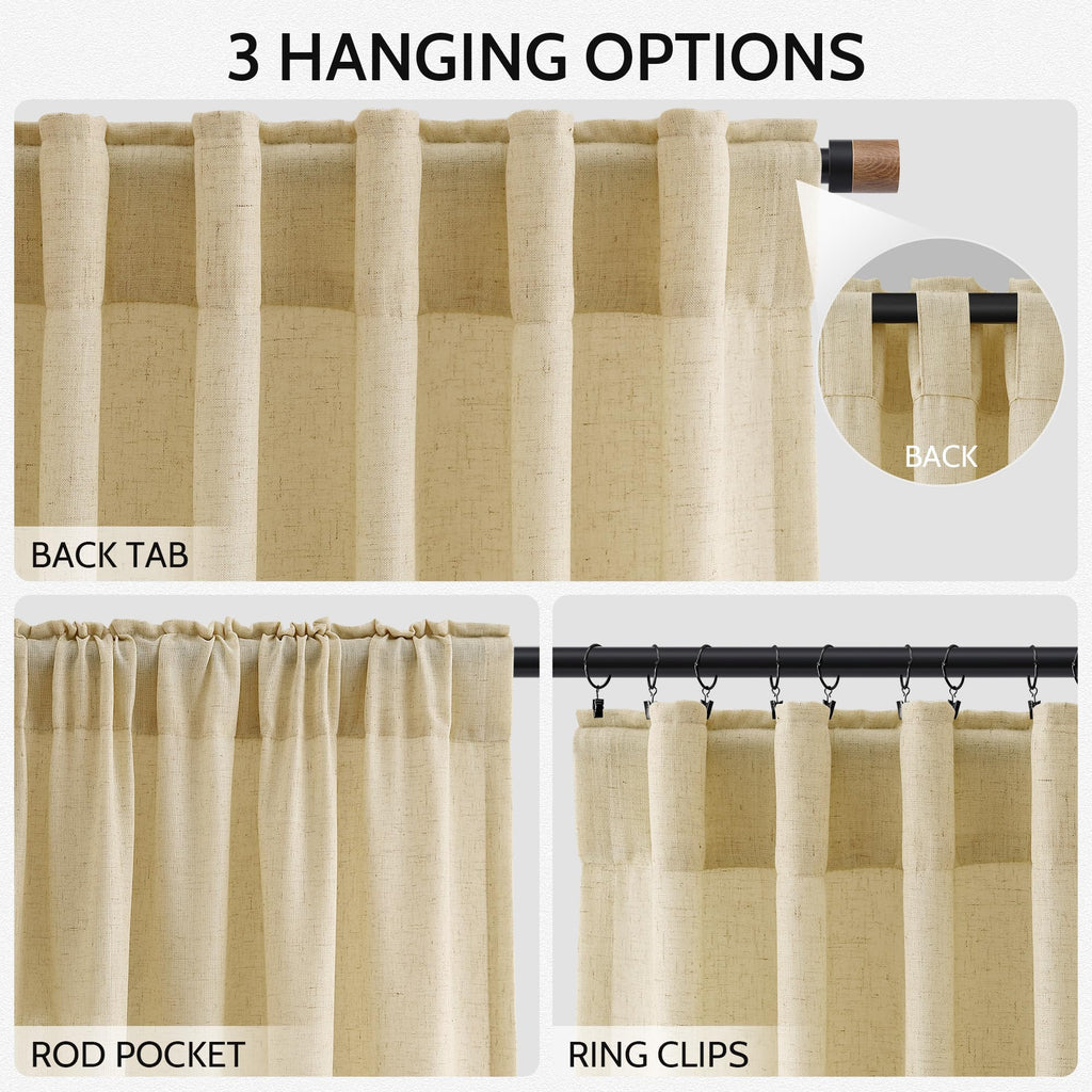 Nanspring Modern Farmhouse Curtains Linen for Living Room 84 Inches Long Cream Yellow Light Filtering Sheer Curtains Back Tab and Rod Pocket Privacy Curtain for Bedroom Office 52x84, 2 Panels