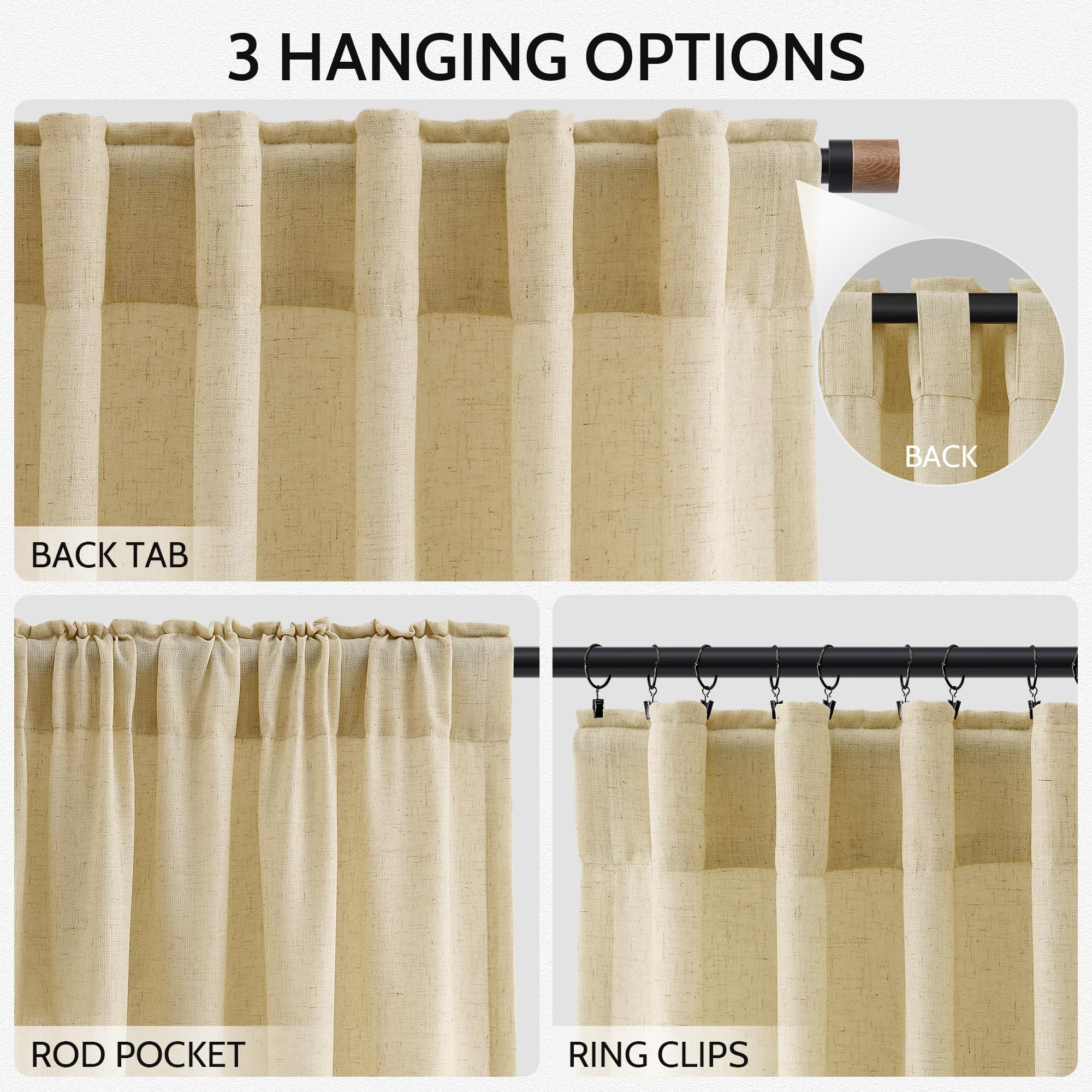 Nanspring Modern Farmhouse Curtains Linen for Living Room 84 Inches Long Cream Yellow Light Filtering Sheer Curtains Back Tab and Rod Pocket Privacy Curtain for Bedroom Office 52x84, 2 Panels