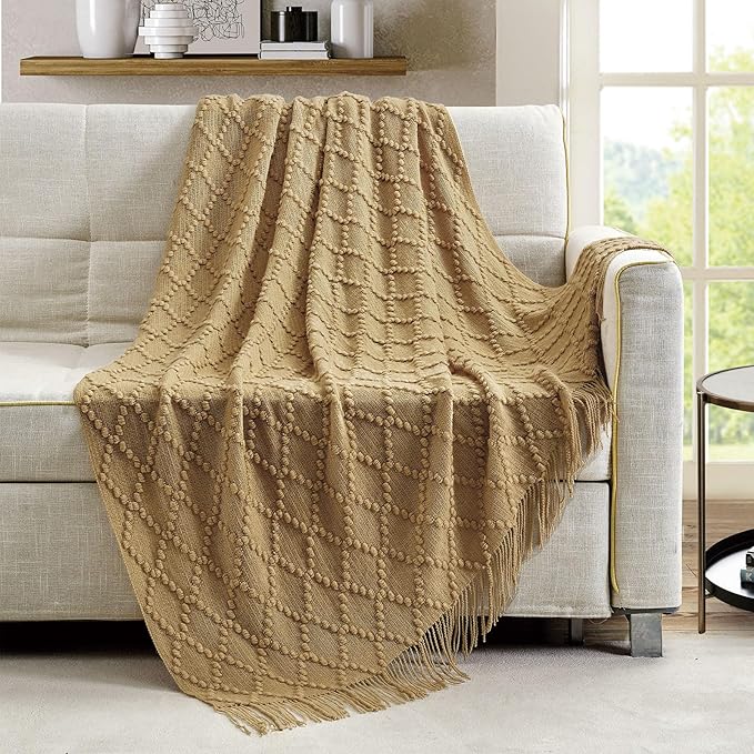 BOURINA Mustard Throw Blanket 50 x70 Inch Jacquard Throw Knitted Blanket