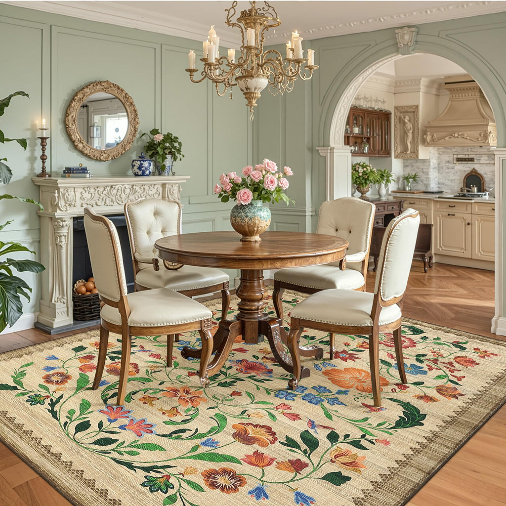 GarveeHome Washable Rug 4x6 Area Rugs for Living Room, Floral Rug for Bedroom, Soft Boho Non Slip Throw Rugs with Rubber Back, Low Pile Stain Resistant Vintage Floral Carpet for Dining Room, Beige