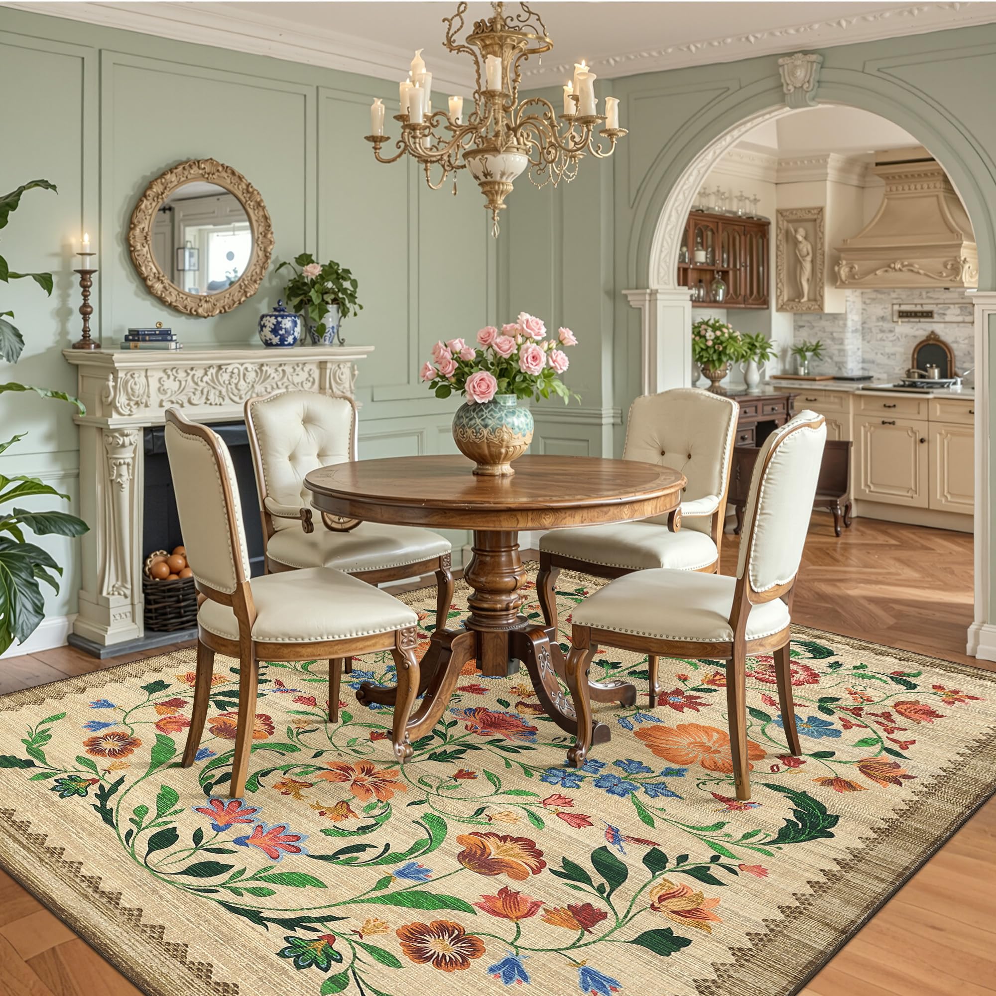 GarveeHome Washable Rug 4x6 Area Rugs for Living Room, Floral Rug for Bedroom, Soft Boho Non Slip Throw Rugs with Rubber Back, Low Pile Stain Resistant Vintage Floral Carpet for Dining Room, Beige