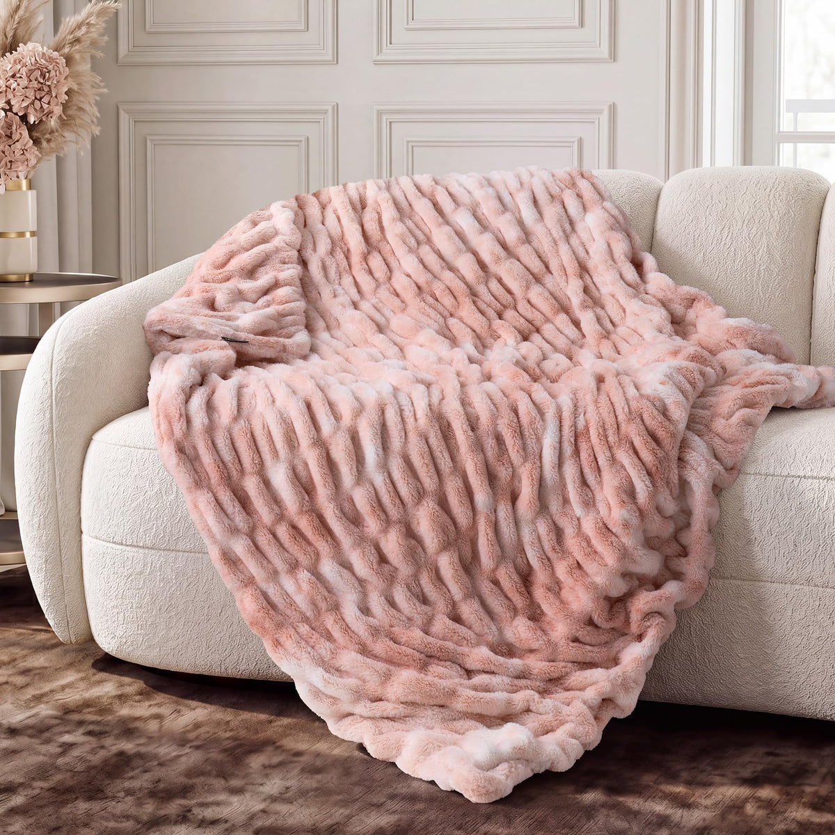 blunique Double-Sided Faux Fur Throw Blanket, 1000 GSM Ultra Soft Faux Rabbit Fur Blanket with Ruched Texture, Thick Fluffy Cozy Plush Blanket for Couch, Sofa, Bed, 50" x 60", Tie Dye Camel