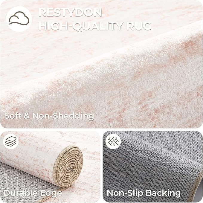 2x8 Runner Rug, Washable Runners for Hallways wirh Rubber Backing, Stain Resistant Kitchen Rug, Soft Thin Carpet Runner for Entrance, Bedroom, Living Room Indoor(2'x8', Pink/White)