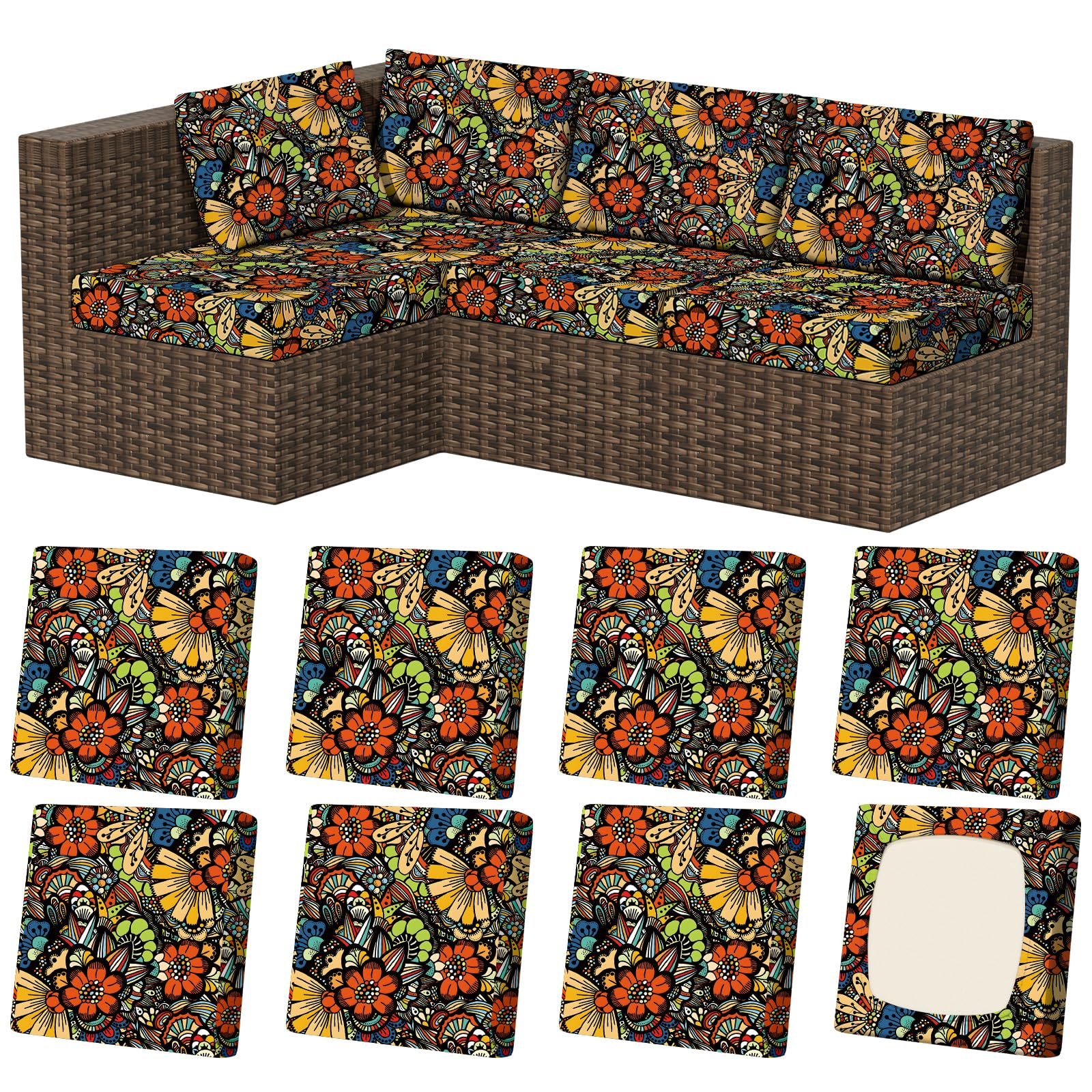 8Pcs Outdoor Cushion Covers, Stretch Patio Furniture Couch Chair Slipcovers