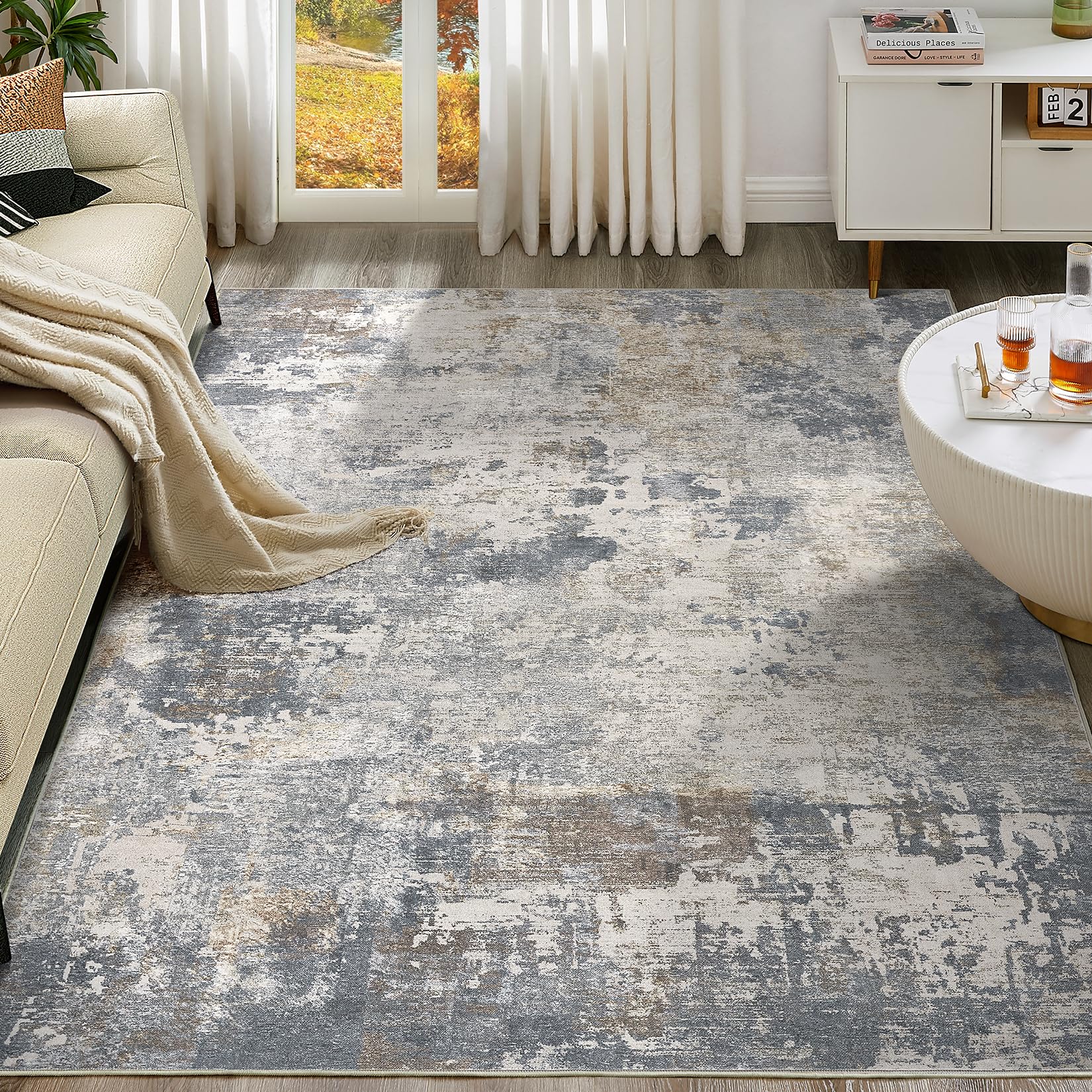 UERMEI 7x9 Area Rug Living Room Rugs - Washable Neutral Modern Abstract Soft Thin Large Rug Indoor Floor No Slip Rug Carpet for Bedroom Under Dining Table Home Office Decor - Blue Grey