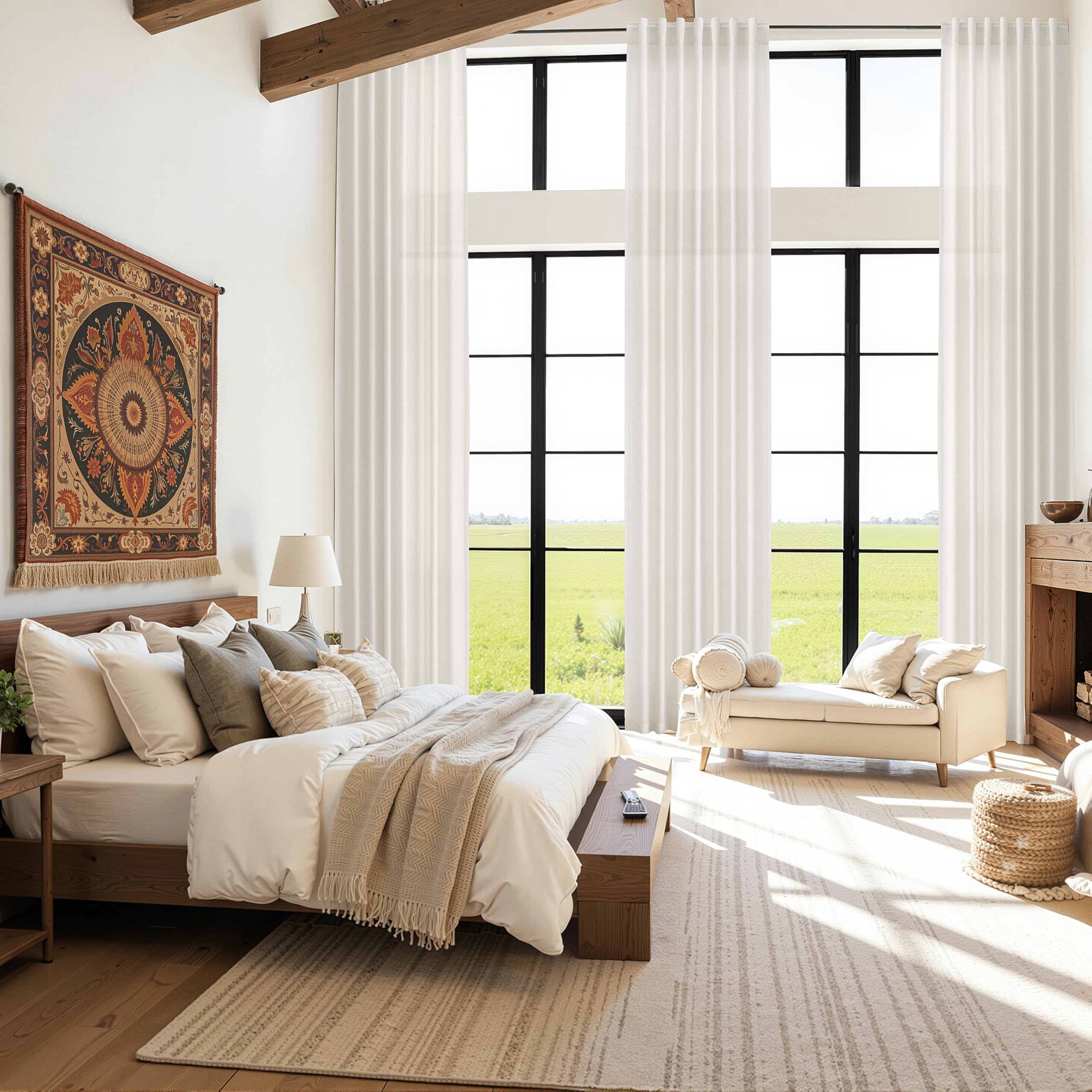 Ivory White Linen Curtains for Living Room 126 Inches Long Light Filtering Semi Sheer Curtain Back Tab Neutral Modern Farmhouse Decor Drapes Floor to Ceiling High Window for Bedroom 52x126, 2 Panels