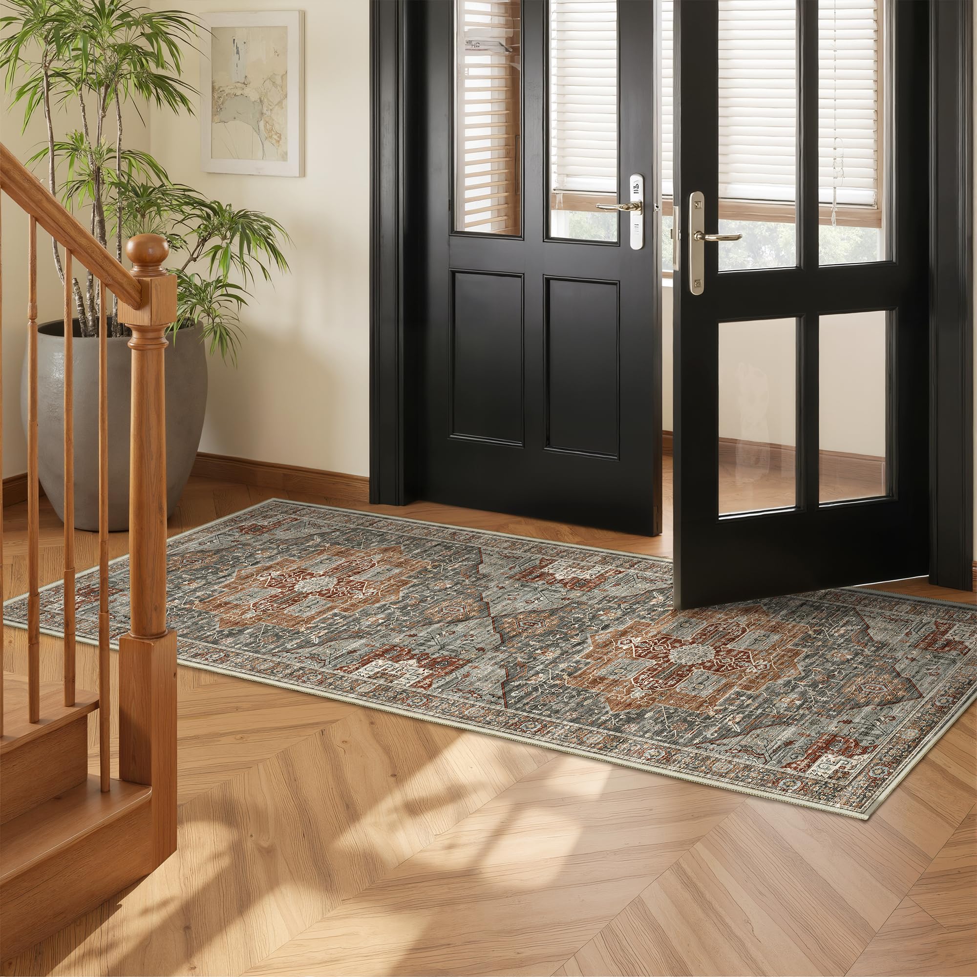 Restydon Runner Rug 2x6, Non Slip Washable Rugs for Hallways,Grey/Brown/Tan