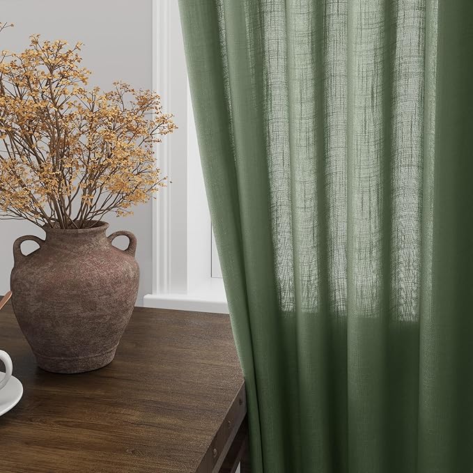 Extended Curtain Olive Green Linen Sheer Curtains for Living Room 2 Panels Set 112 Inch Length Back Tab Light Filtering & Breathability Semi Sheer Curtain Drapes for Bedroom Living Room 52x112