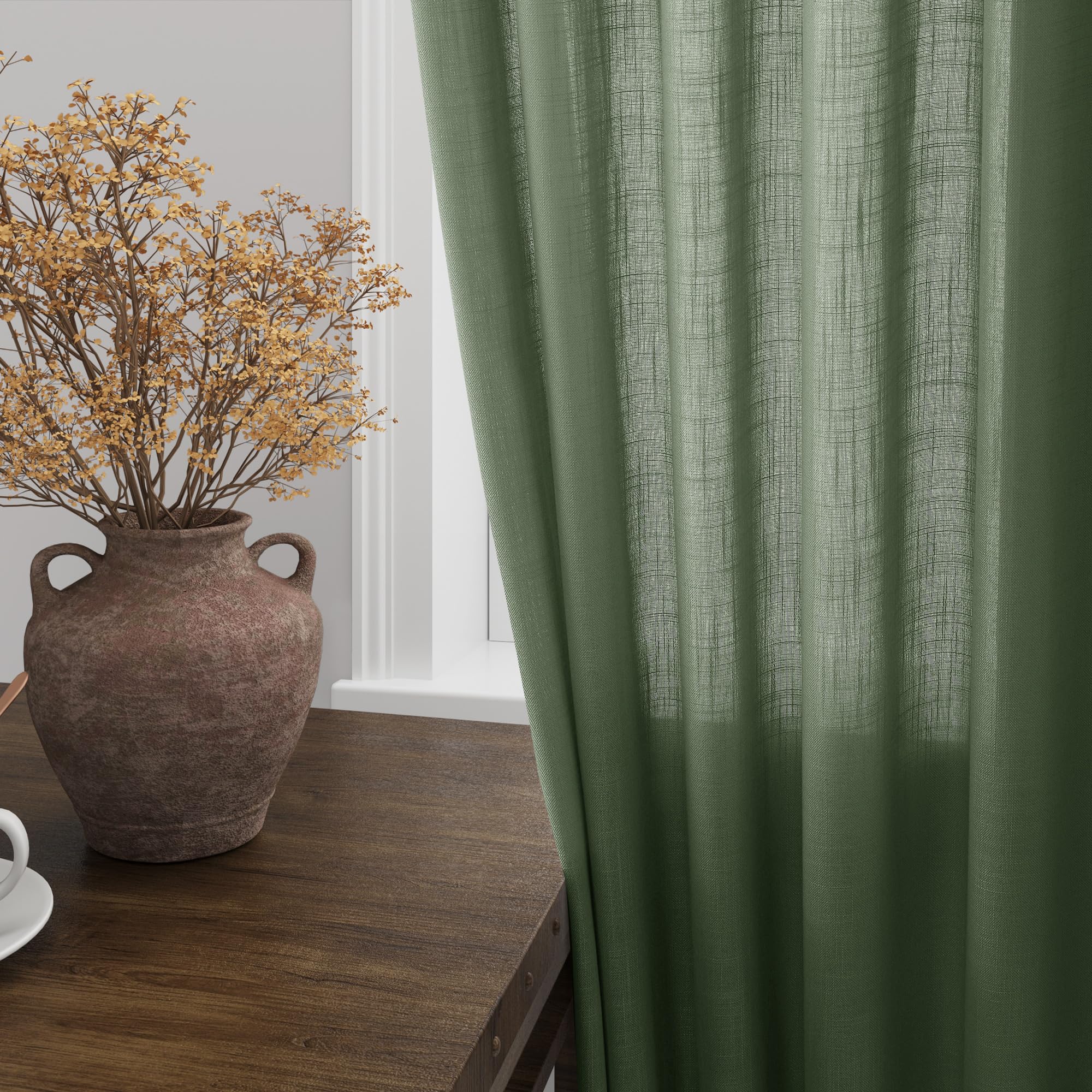 142 Inch Extra Long Curtain for Floor to Ceiling High Window Olive Green Linen Back Tab Curtains for Living Room Filtered and Breathable Semi Sheer Drapes Modern Farmhouse Boho Decor 52x142,2PCS