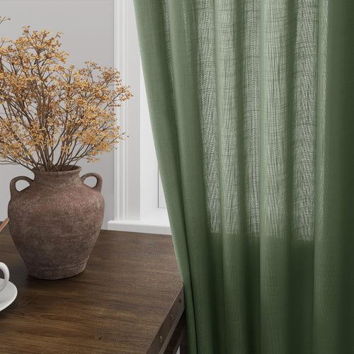 142 Inch Extra Long Curtain for Floor to Ceiling High Window Olive Green Linen Back Tab Curtains for Living Room Filtered and Breathable Semi Sheer Drapes Modern Farmhouse Boho Decor 52x142,2PCS