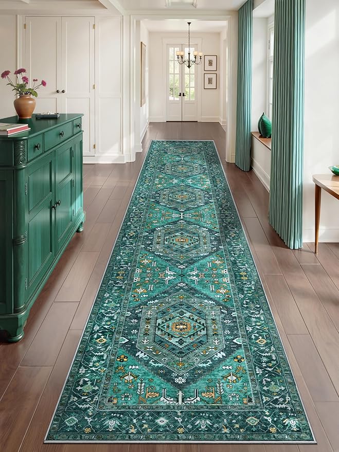 SERISSA 2'6"x14' Washable Non Slip Boho Runner Rug for Hallway，Teal