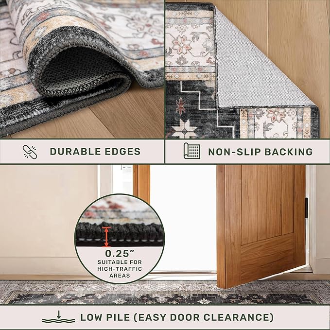 Large 3x5 Entryway Rug Indoor - Washable Non-Slip Low Pile Ultra Soft Area Rug for Large Kitchen, Bedroom Bedside, Mudroom - Distressed Boho Modern Aesthetic Geometric Decor, Ashen/Multi