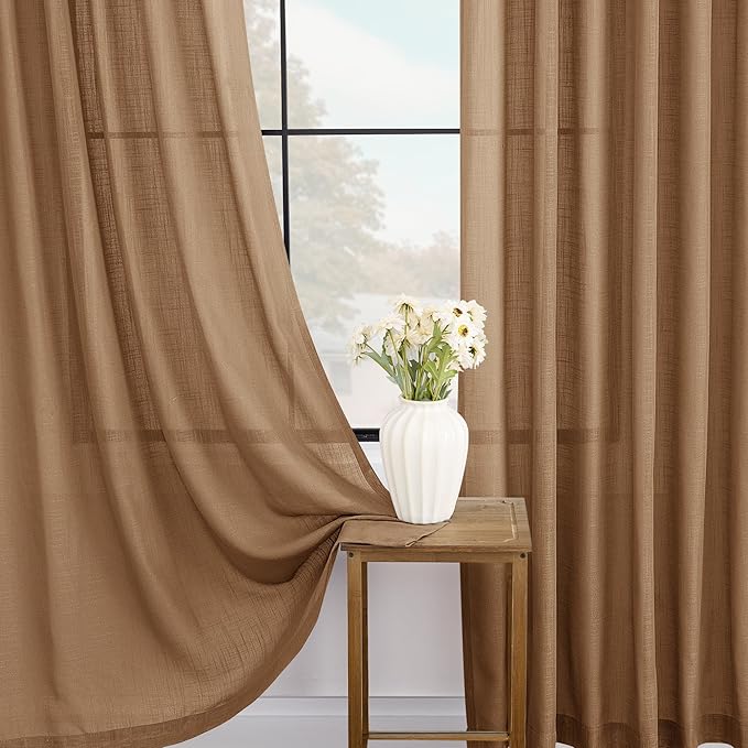 Brown Curtains for Living Room Back Tab Modern Farmhouse Semi Sheer Curtains 132 inches Long 2 Panels Set Muted Neutral Window Curtain for Dining Room Bedroom 52x132