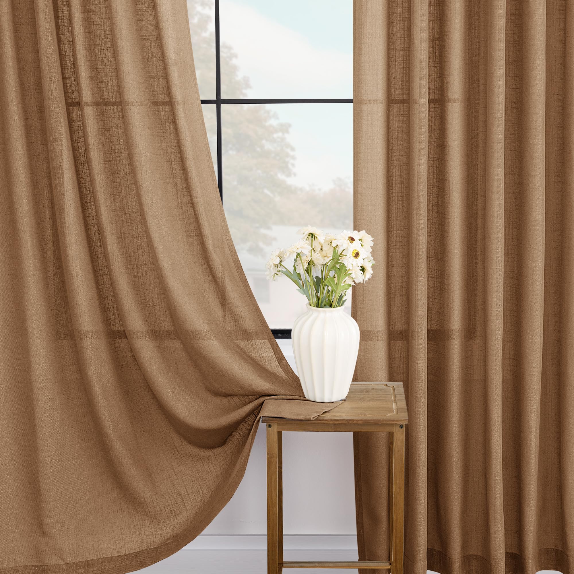 Jolilight Brown Curtains for Living Room Back Tab Modern Farmhouse Semi Sheer Curtains 108 inches Long 2 Panels Set Muted Neutral Window Curtain for Dining Room Bedroom 52x108