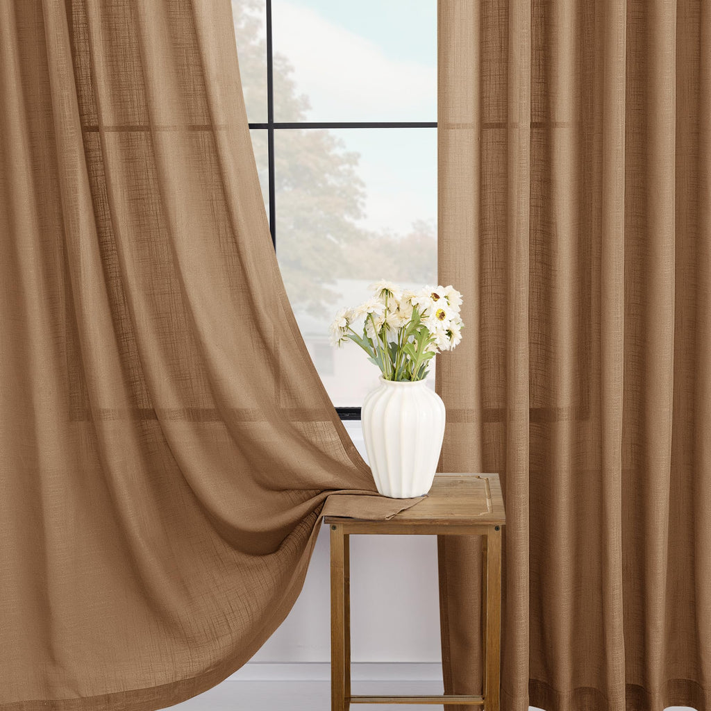 Jolilight Brown Curtains for Living Room Back Tab Modern Farmhouse Semi Sheer Curtains 132 inches Long 2 Panels Set Muted Neutral Window Curtain for Dining Room Bedroom 52x132