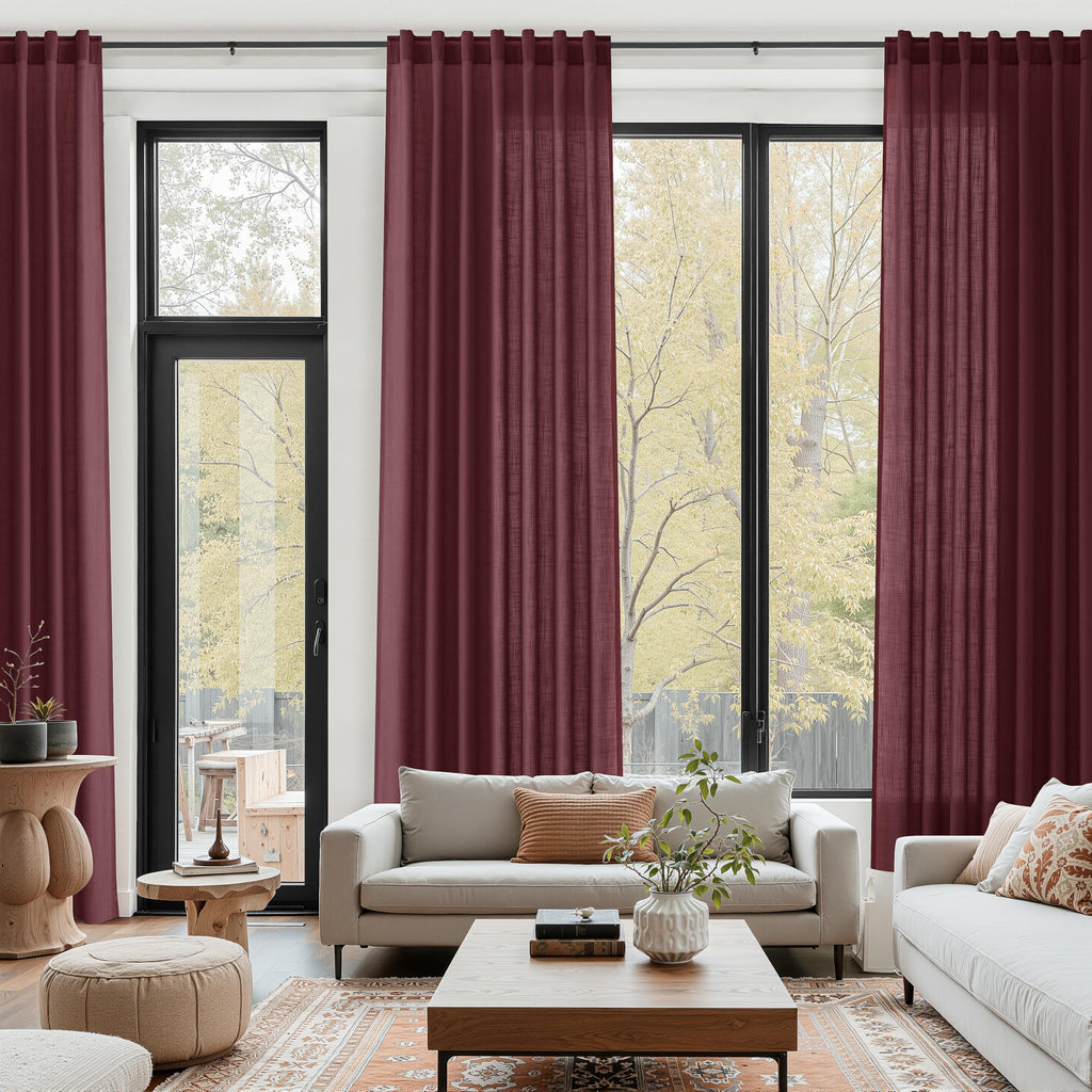Nanspring Burgundy Linen Curtains for Living Room 126 Inches Long Light Filtering Semi Sheer Curtain Back Tab Vintage Boho Decor Drapes Floor to Ceiling High Window for Bedroom 52x126, 2 Panels