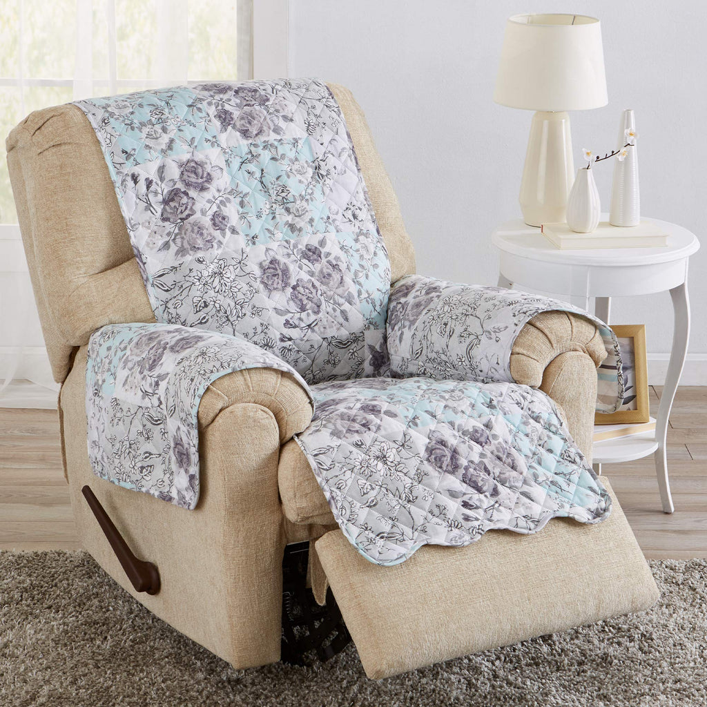 Great Bay Home Reversible Floral Patchwork Recliner Furniture Protector - Machine Washable, Scalloped Edge, Stain Resistant, Printed Furniture Cover for Dogs, Kids, and Pets (Gray/Aqua)