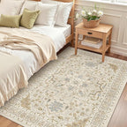 Madane Area Rug 4x6 Washable Rugs: Vintage Living Room Rug Soft Low Pile Non Slip Area Rugs Distressed Indoor Floor Carpet for Bedroom Kitchen Dining Room Home Decor, Beige/Blue