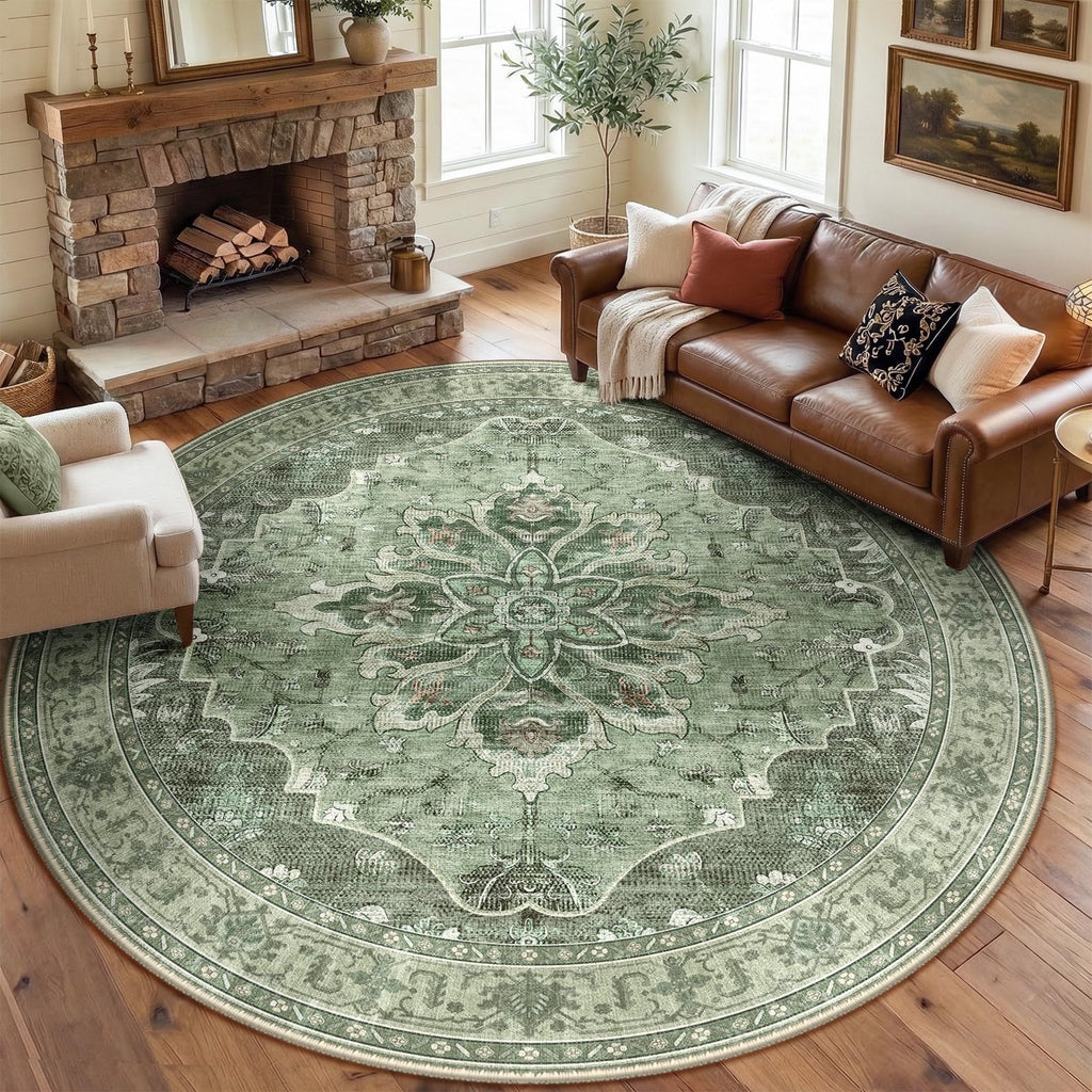 RELEANY Washable Area Rug, Round 8ft, Green/Dark Green/Gray