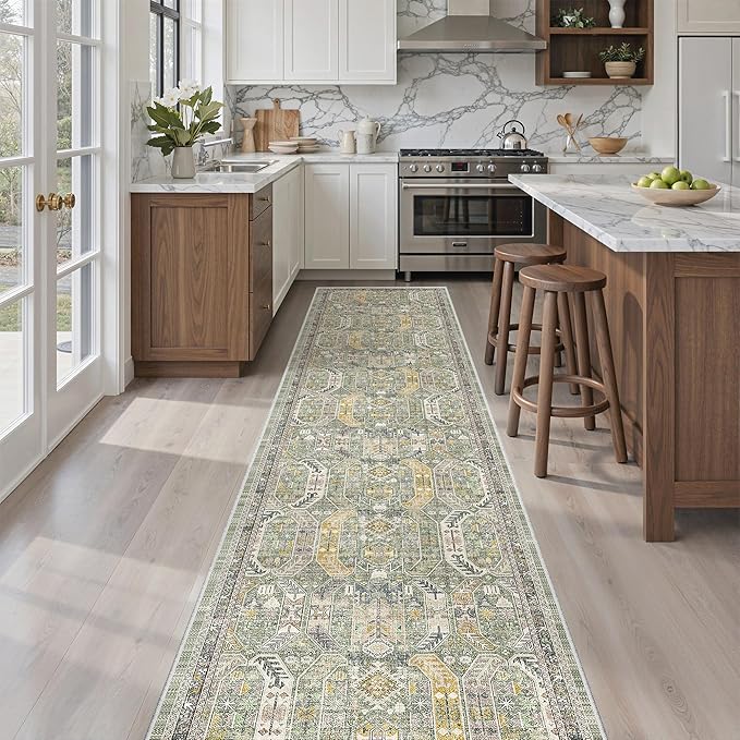 Madane Runner Rugs for Hallway 2x10 Long Washable Non-Slip Hallway Runner Rug Low-Pile Stair Kitchen Runner Soft Throw Carpet for Entrance Living Dining Laundry Room (Green/Gold, 2 x 10)