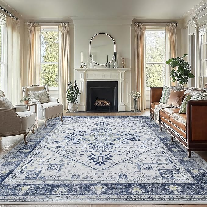 AMADA HOMEFURNISHING Washable Area Rug, Low-Profile Large Area Rug with Non-Slip Backing & Durable Edge Binding, Vintage Large Rugs for Living Room, Bedroom, Dinning Room, 8x10, Navy Blue/White