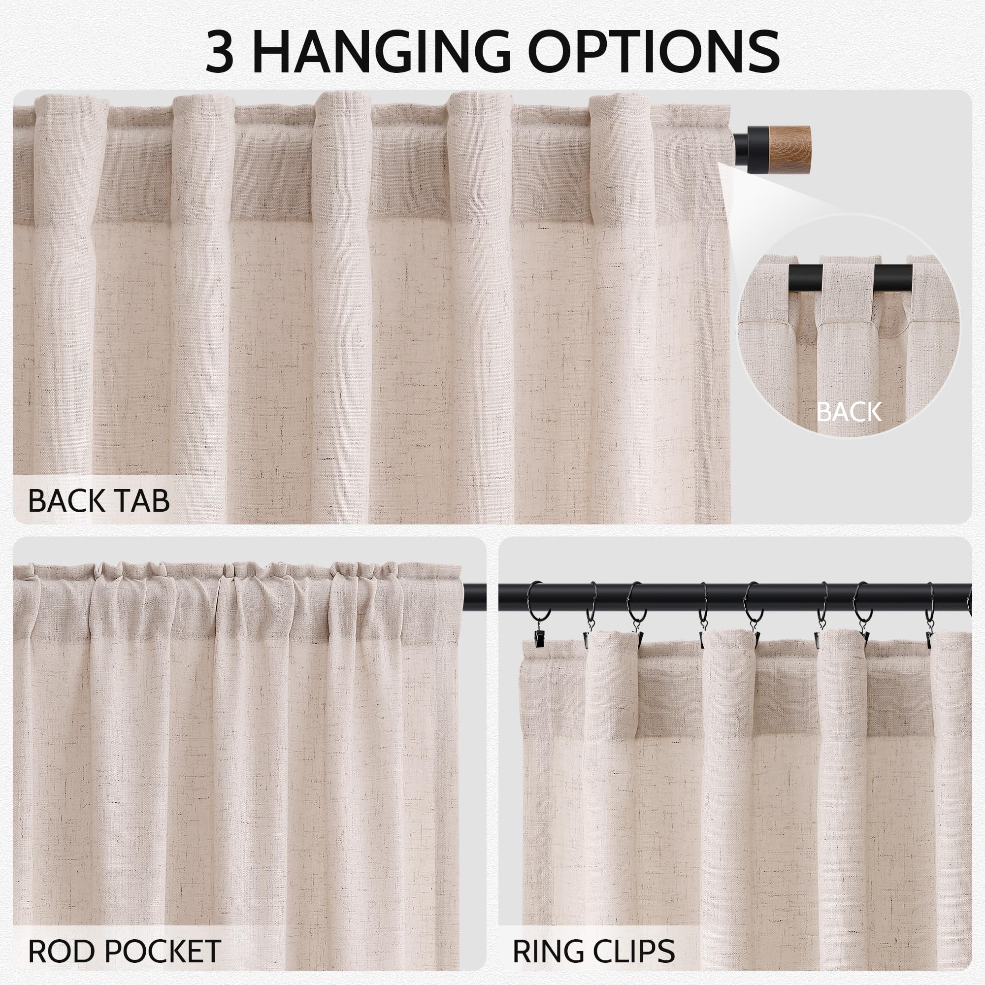 Nanspring Natural White Linen Curtains 84 Inch Length for Living Room Burlap Light Filtering Semi Sheer Curtain Back Tab Neutral Farmhouse Privacy Drapes for Bedroom Office 52x84, 2 Panels