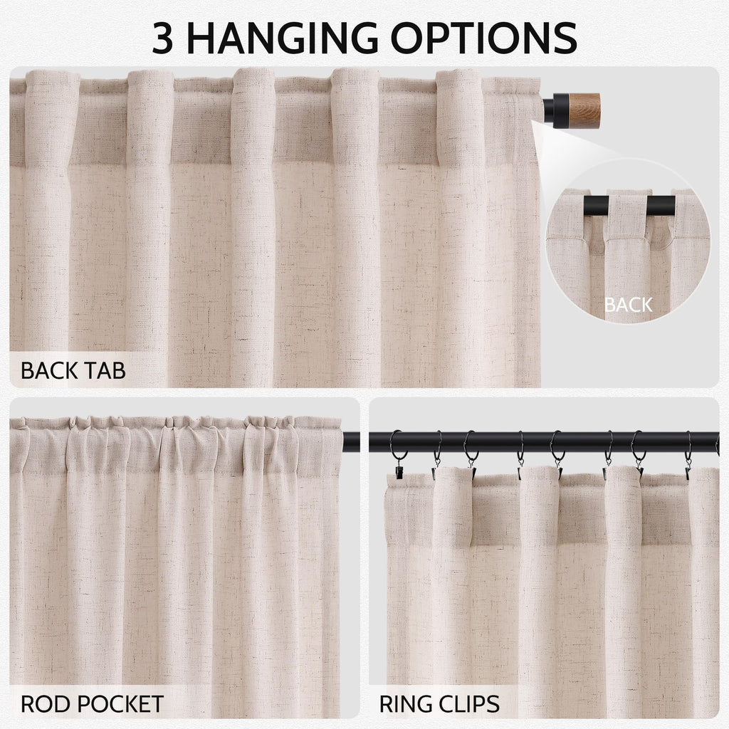 Nanspring Natural White Linen Curtains 108 Inches Long for Living Room Burlap Textured Neutral Farmhouse Sheer Curtains Back Tab Floor to Ceiling High Window Curtain for Bedroom 52x108, 2 Panels