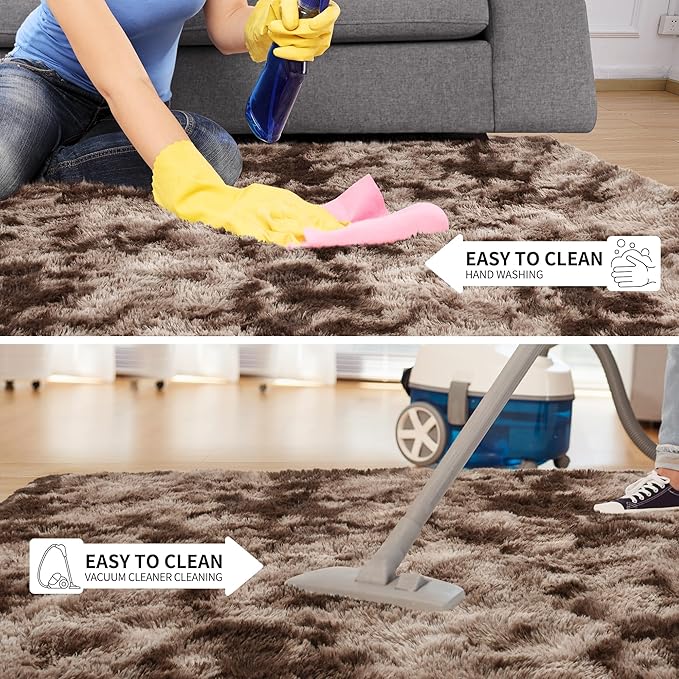 Tepook 9x12 Area Rugs for Living Room Bedroom, Soft Fluffy Plush Shaggy Girls Boys Kids Room Rug, Shag Upgrade Non-Slip Throw Carpet for Dorms Nursery Classroom Home Decor, Tie-Dyed Brown