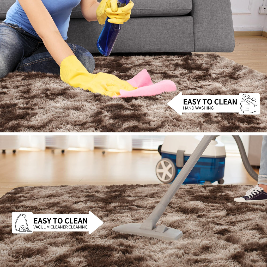 Tepook 6x9 Area Rugs for Living Room Bedroom, Soft Fluffy Plush Shaggy Girls Boys Kids Room Rug, Shag Upgrade Non-Slip Throw Carpet for Dorms Nursery Classroom Home Decor, Tie-Dyed Brown