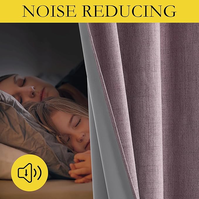 NICETOWN Chaise Mauve Vintage Linen 100% Blackout Curtains for Living Room, Thermal Insulated Curtains 108“ Long, Noise Reducing Window Treatment Drapes for Home Office, 62" Wide Per Panel, Set of 2