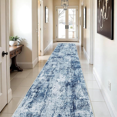 3x10 Washable Runner Rug for Hallway: Non Slip Runners Rugs Easy-to-Clean - Soft Living Room Bedroom Kitchen Carpet - Thin Low Pile Printed Floor Mat for Dining Room Blue