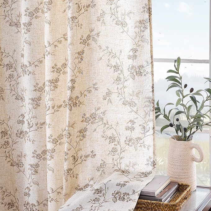 Lazzzy Taupe Vintage Floral Linen Curtains Farmhouse 50W X 84L 2 Panels