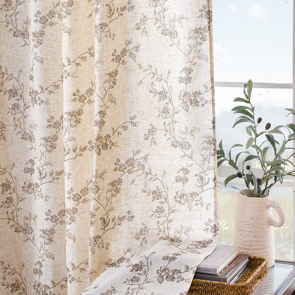 "Lazzzy Farmhouse Polyester blended Curtains Taupe Floral Curtains 96 Inch Length Back Tab Drapes for Living Room Bedroom Light Filtering Country Vintage Rod Pocket Curtain, 2 Panels, Taupe on Beige