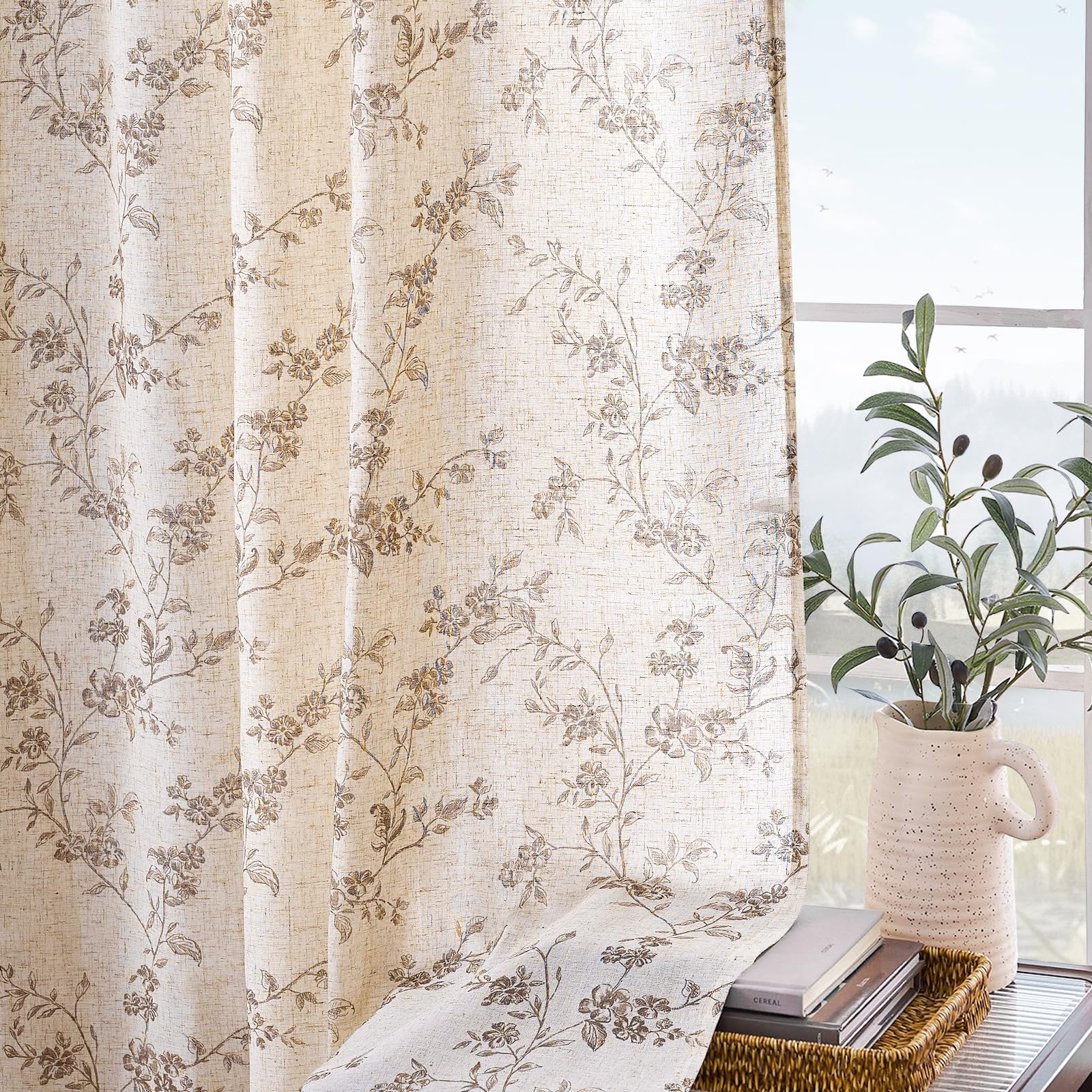 "Lazzzy Farmhouse Polyester blended Curtains Taupe Floral Curtains 96 Inch Length Back Tab Drapes for Living Room Bedroom Light Filtering Country Vintage Rod Pocket Curtain, 2 Panels, Taupe on Beige