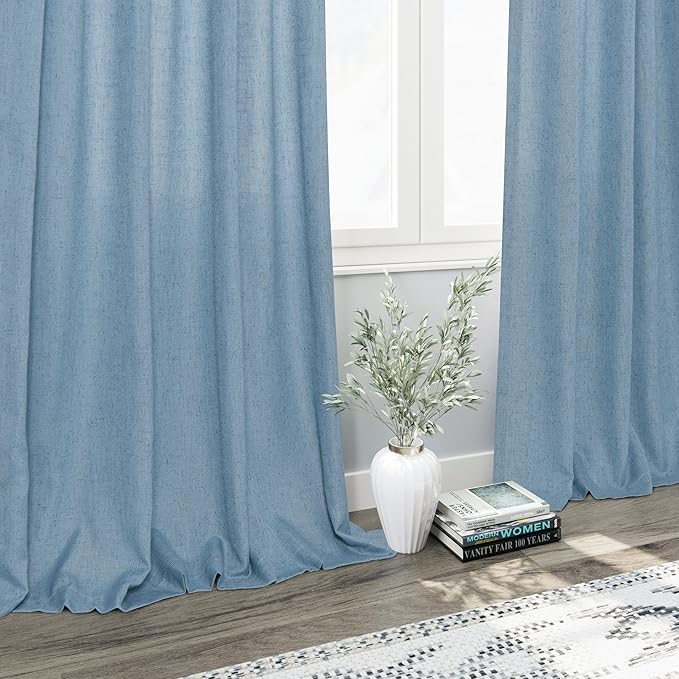Nanspring Blue Extra Long Curtain 102 inches Long 2 Panels Set for Living Room Back Tab Modern Farmhouse Coastal Decor Cotton Textured Dusty Blue Sheer Linen Curtains for High Window 52x102
