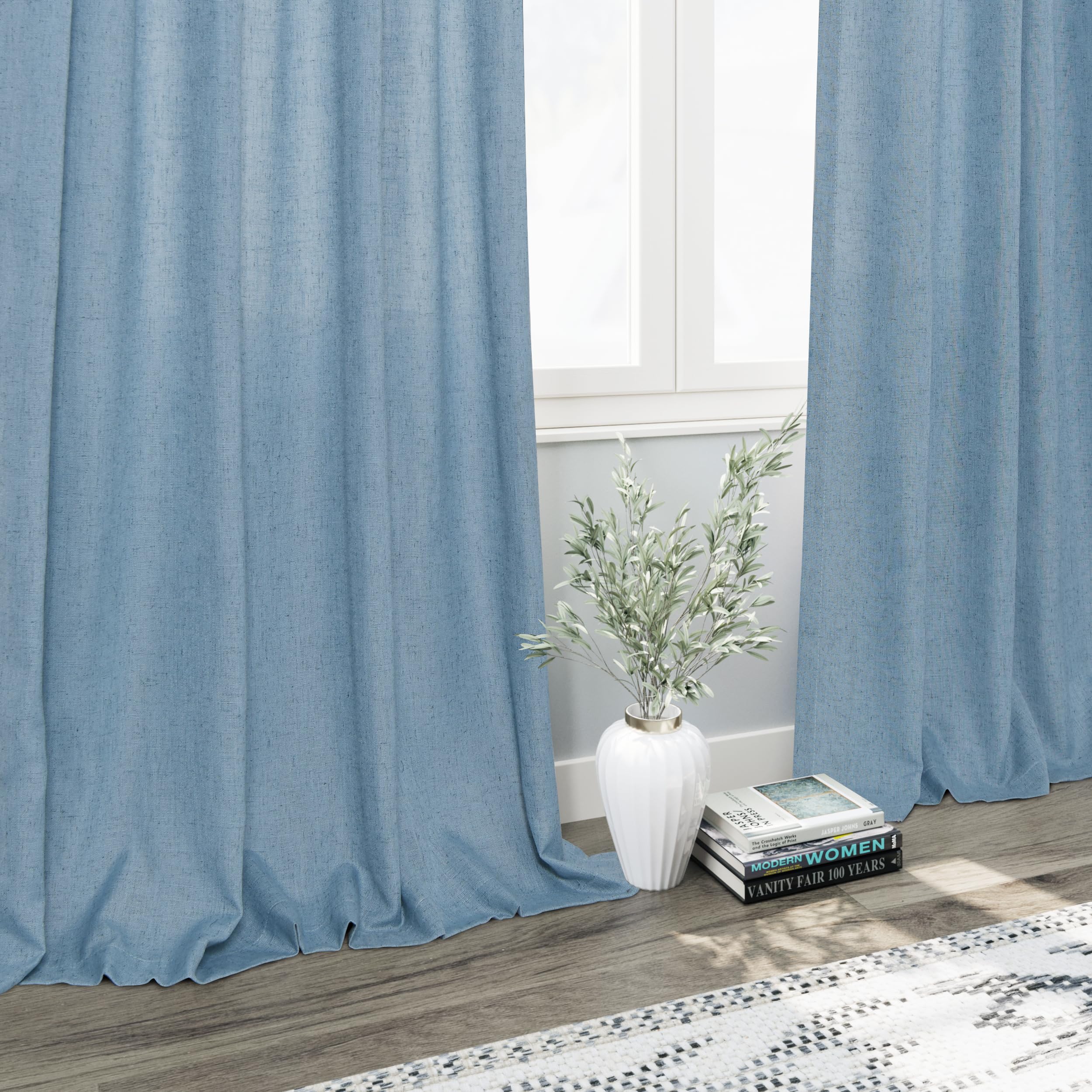 2 Panels Set Blue Linen Curtains 126 Inches Long for Living Room Extra Long Back Tab Curtain Neutral Farmhouse Light Filtering Semi Sheer Linen Drapes Ceiling to Floor for Large Window 52x126