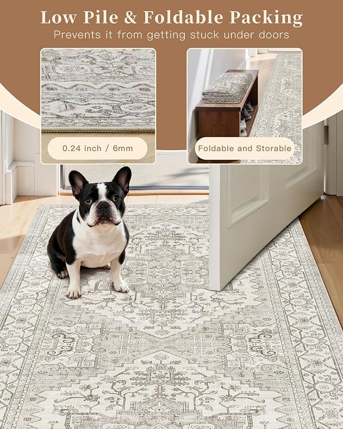 Madane Hallway Runner Rug 3x16 - Vintage Non Slip Washable 16ft Kitchen Runner for Entrance Soft Long Carpet Runners for Living Room Bathroom Low Pile Floor Mat for Bedroom Dining Room, Beige/Brown
