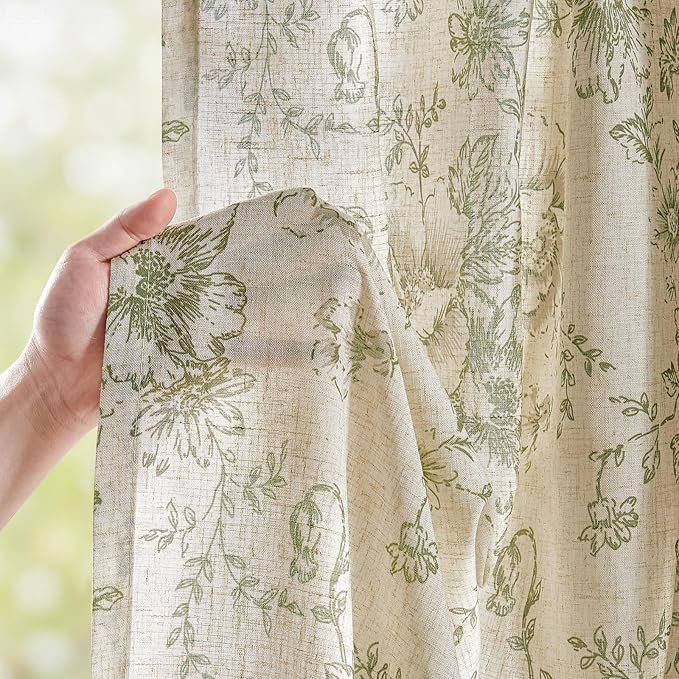 jinchan Linen Blend Floral Curtains for Living Room 84 Inch Length Sage Green Printed Curtain Rod Pocket Back Tab Farmhouse Peony Flower Patterned Drapes Bedroom Curtains Set 2 Panels