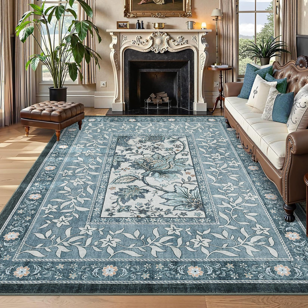 GarveeHome Provence Misty Blue 6x9 Area Rugs, Botanical Grove Vintage Cottagecore Non-Slip Washable Rug for Bedroom Living Room Nursery Kitchen Low-Pile Carpet