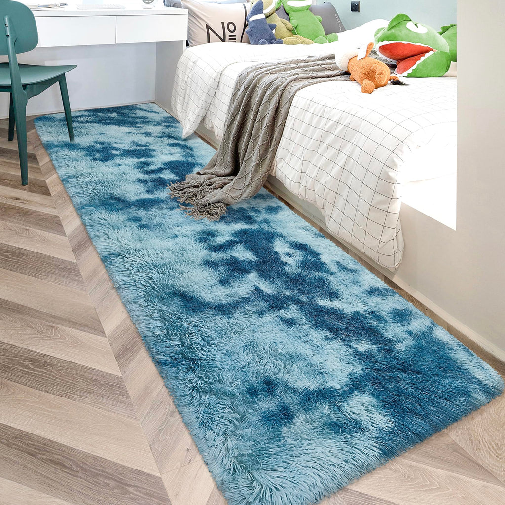 JiaoBaba Super Soft Fluffy Living Room Area Rug 2x10 ft Tie-Dyed Light Blue Shaggy Furry Carpet Washable Non-Slip Floor Rugs Bedroom Bedside Nursery Rug Fuzzy Girls Boy Dorm Home Decor Aesthetic