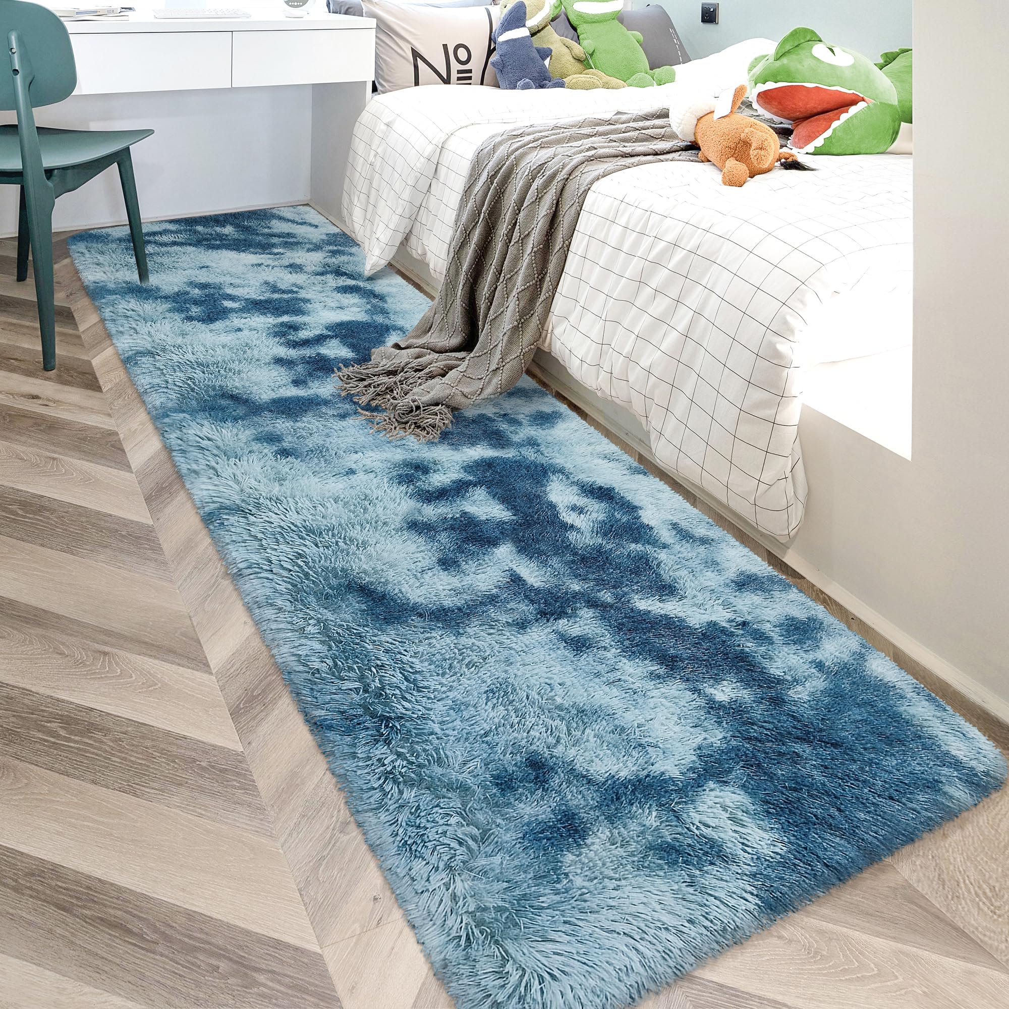 JiaoBaba Super Soft Fluffy Living Room Area Rug 2x10 ft Tie-Dyed Light Blue Shaggy Furry Carpet Washable Non-Slip Floor Rugs Bedroom Bedside Nursery Rug Fuzzy Girls Boy Dorm Home Decor Aesthetic
