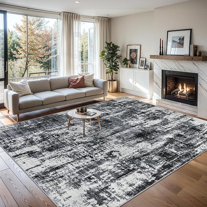 Area Rugs Living Room Rug - 5x7 Washable Modern Abstract Soft Neutral Non-Slip Carpet Large Indoor Floor Thin Carpets for Bedroom Dining Room Farmhouse Nursery Home Office Black