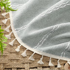 Teal Boho Blackout Curtains 90 Inches Long Light Green Linen Blend 2 Panels with Tassels and Cotton Embroidery, Farmhouse Vintage Rustic Rod Pocket Drapes for Living Room or Bedroom