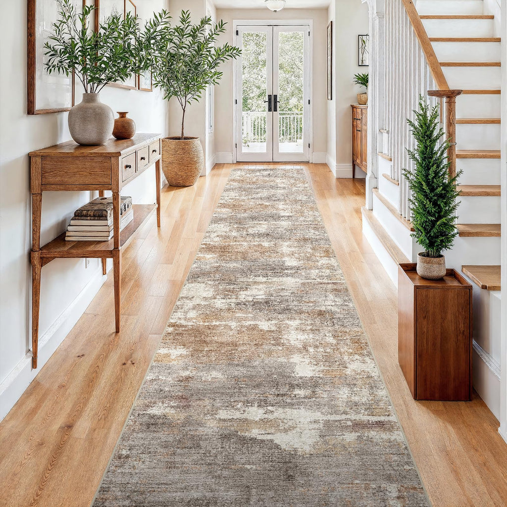 3x15 Runner Rug Washable Abstract: Non Slip Hallway Floor Mat Brown/Brick