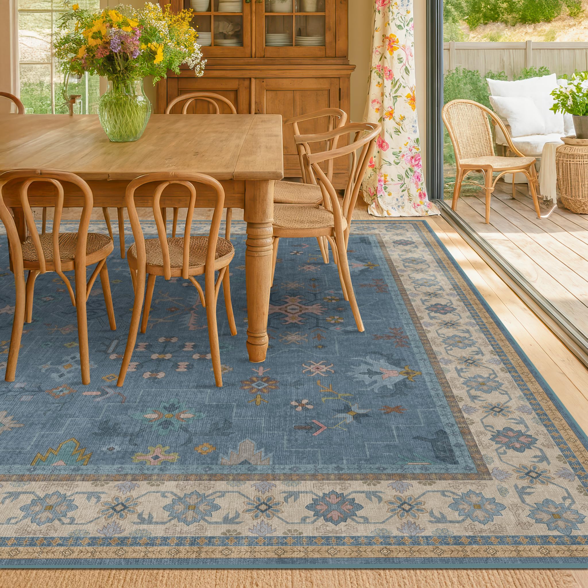 Boho 6x9 Living Room Rugs - Modern Dark Blue Dining Room Rug for Under Table, Lightweight Washable Foldable Low Pile Carpet, Eclectic Floral Bedroom Décor Aesthetic