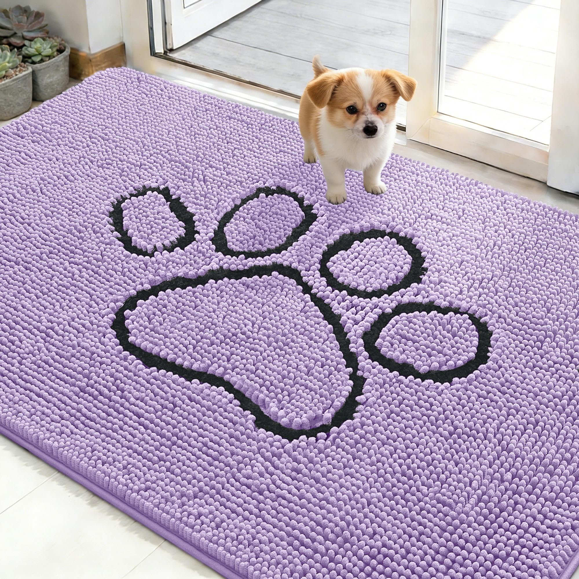 OLANLY Dog Door Mat for Muddy Paws 48x30, Paw Print Design Chenille Mud Mat