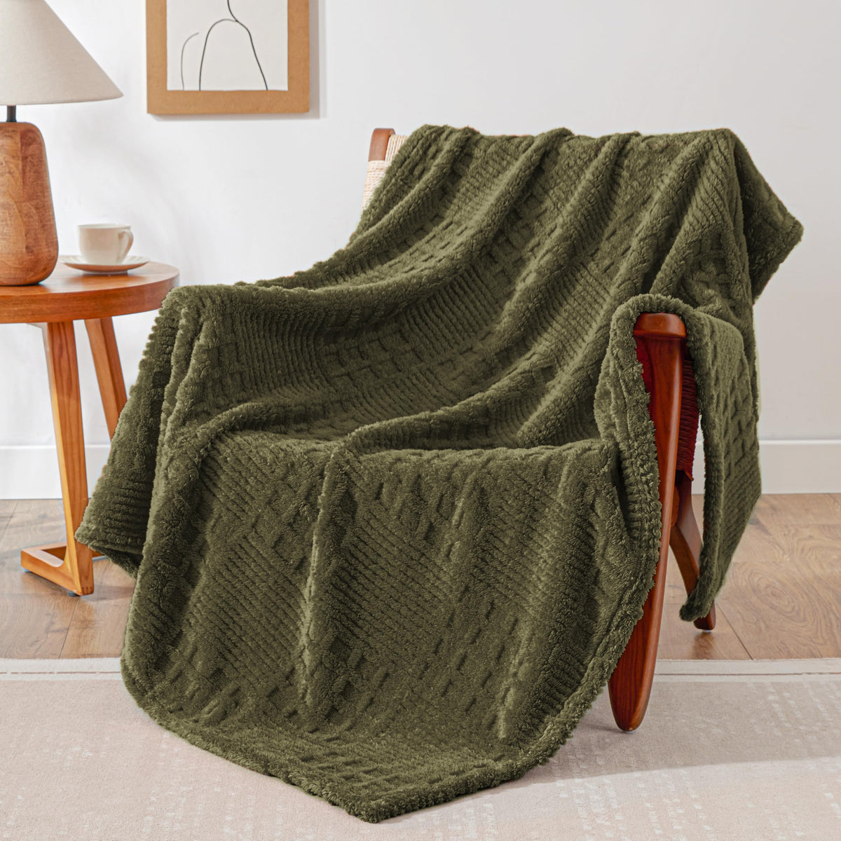 EXQ Home Blue Fleece Throw Blanket for Couch or Bed Waffle Pattern Decor