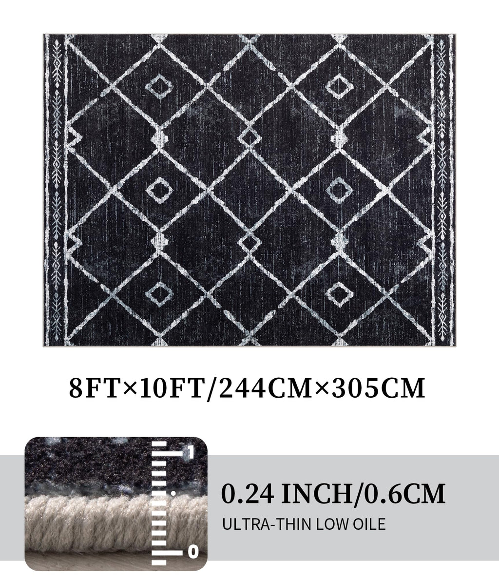 YIHOUSE Moroccan Rugs for Living Room, 8x10 Black and White Aztec Area Rug, Western Geometric Soft Low-Pile Washable Rugs for Bedroom, Dining Room