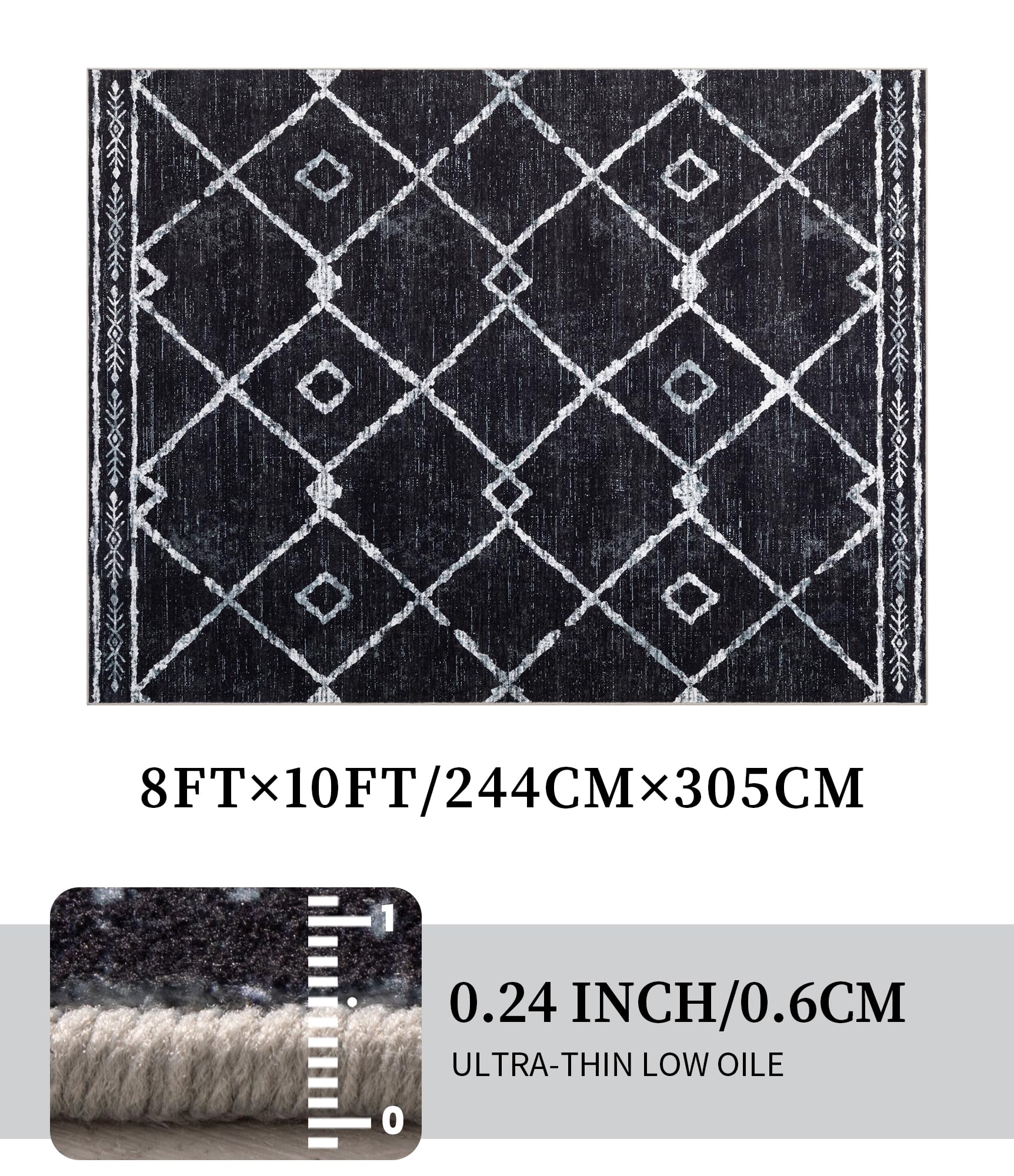 YIHOUSE Moroccan Rugs for Living Room, 8x10 Black and White Aztec Area Rug, Western Geometric Soft Low-Pile Washable Rugs for Bedroom, Dining Room